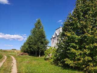 Year landscape in rural terrain with type on village