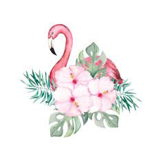 Watercolor illustration. Image of a pink flamingo.