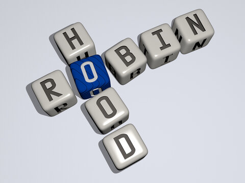 ROBIN HOOD combined by dice letters and color crossing for the related meanings of the concept. bird and american