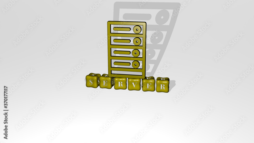 Poster 3d illustration of server graphics and text made by metallic dice letters for the related meanings o