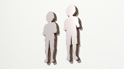 KIDS on the wall. 3D illustration of metallic sculpture over a white background with mild texture. children and child