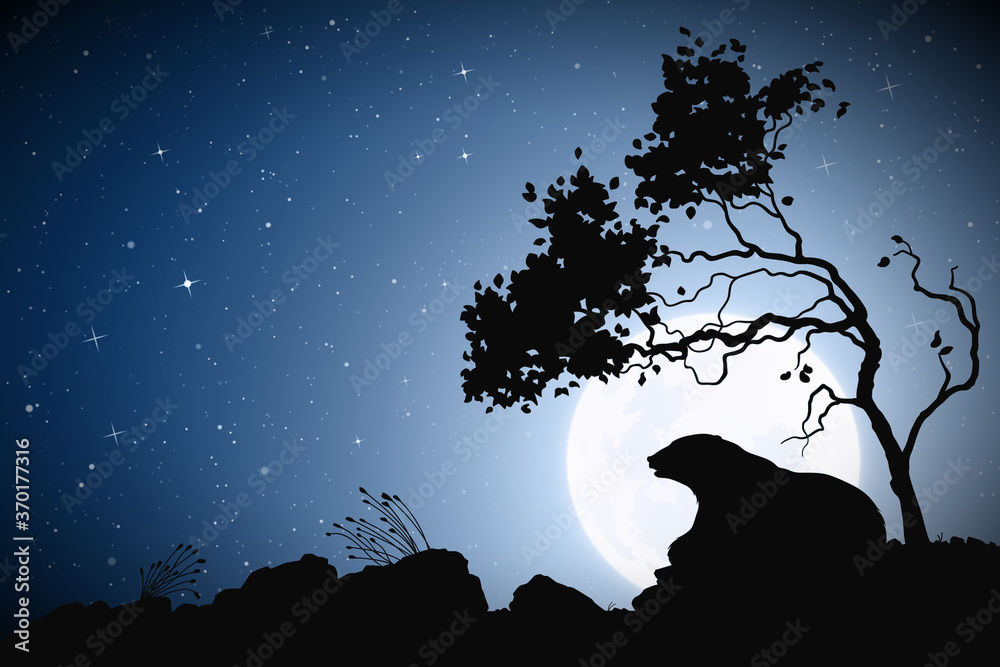 Poster bear under tree on night. wild animal silhouette. moon in starry sky