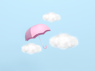 Pink umbrella among the partly cloudy on sky pastel blue background 3d rendering. 3d illustration Rainy Season greeting card template minimal concept.