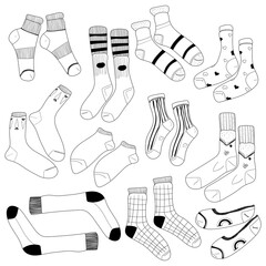 Set of socks vector black and white sketch of stylish cotton and woolen socks with different textures isolated on white background. Wear background in doodle style drawing. Creative ink art work.