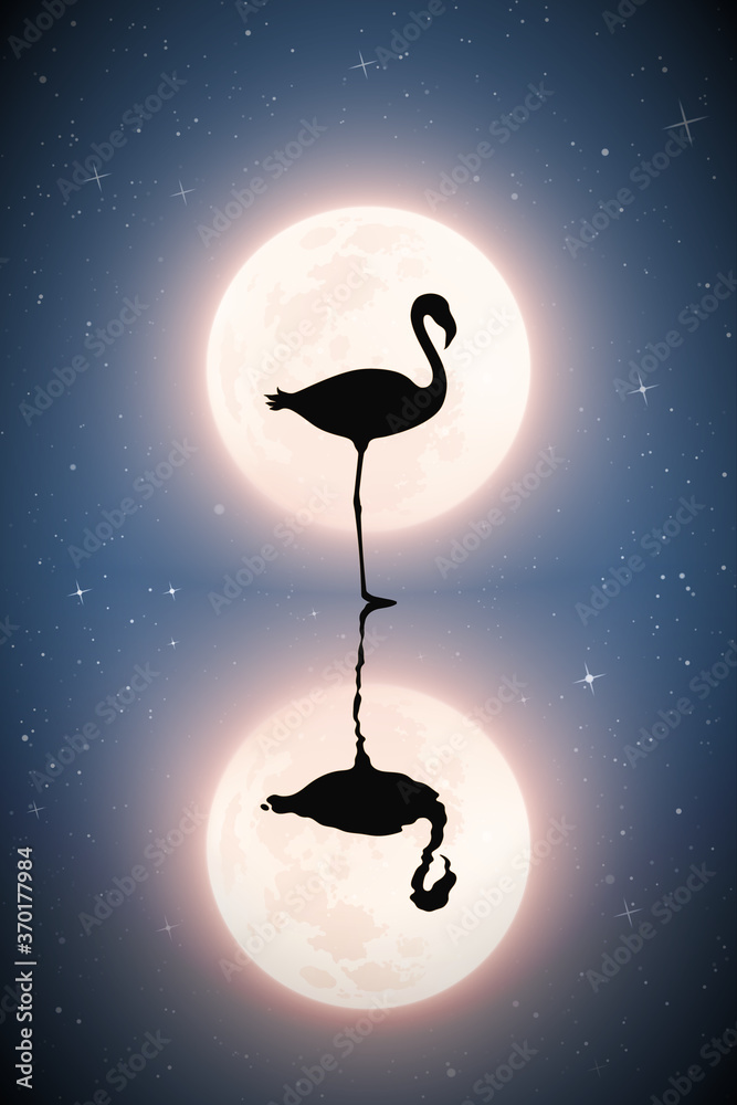 Sticker flamingo silhouette. bird reflected in water. moon in night starry sky