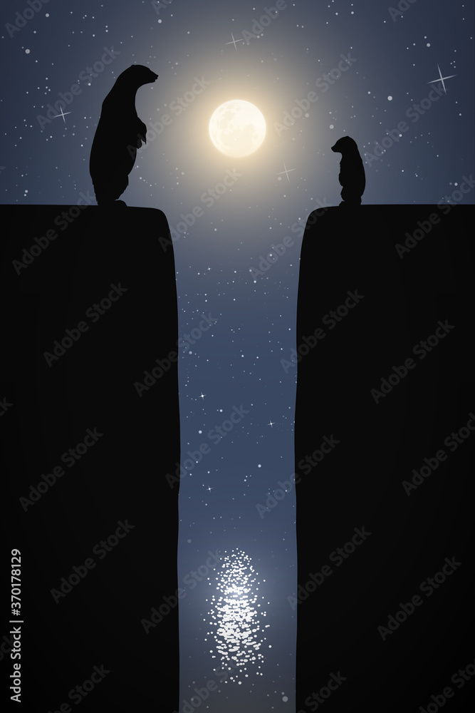 Poster polar bears family on cracked iceberg on moonlight night. animal mother and baby silhouettes on edge