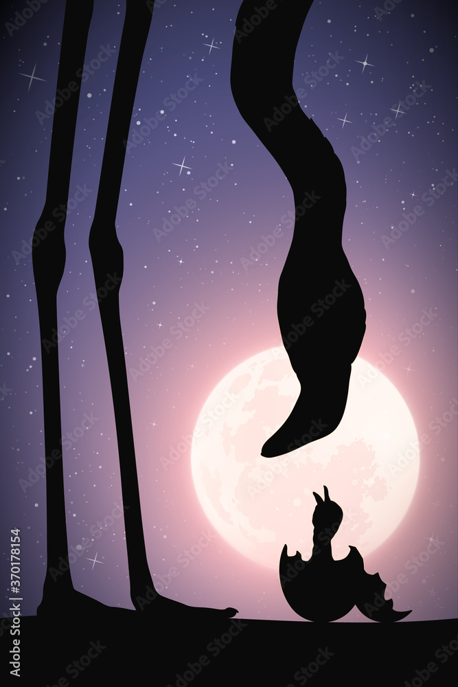 Sticker flamingo baby in egg. bird family silhouette. moon in night starry sky