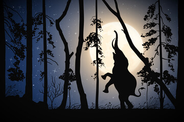 Standing elephant in mixed forest on moonlight night. Big animal silhouette between trees. Full moon in starry sky. Vector illustration for use in polygraphy, textile, design, interior decor