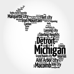 Fototapeta na wymiar List of cities in Michigan USA state, map silhouette word cloud, map concept background