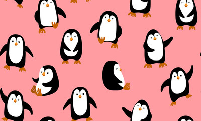 Seamless pattern with cute cartoon penguins on pink background. Vector illustration.