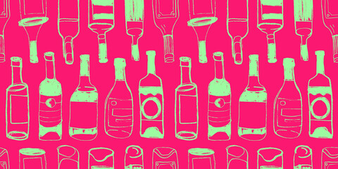 Wine house background. Alcohol backdrop. Wine seamless pattern with vector bottle linear Illustrations for restaurant banner design, bar sign, local wine events with wine bottles with line art icons.