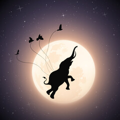 Obraz na płótnie Canvas Elephant flying in sky on moonlight night. Birds carrying big animal in starry sky. Abstract silhouettes and full moon. Vector illustration for use in polygraphy, textile, design, nursery decor