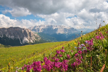 Obraz premium Scenic view of blurred Sella group mountains