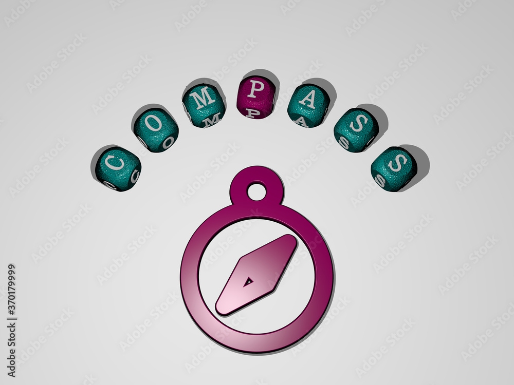 Poster 3d graphical image of compass vertically along with text built around the icon by metallic cubic let