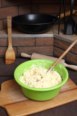 Making Cottage Cheese Pancakes. Batter in bowl.