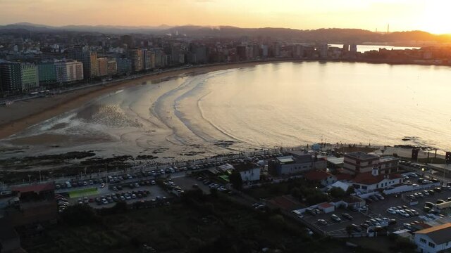Sunset in Gijon, beautiful  coastal city of Asturias,Spain. Aerial Drone Footage
