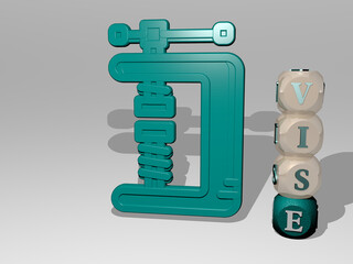 3D representation of vise with icon on the wall and text arranged by metallic cubic letters on a mirror floor for concept meaning and slideshow presentation