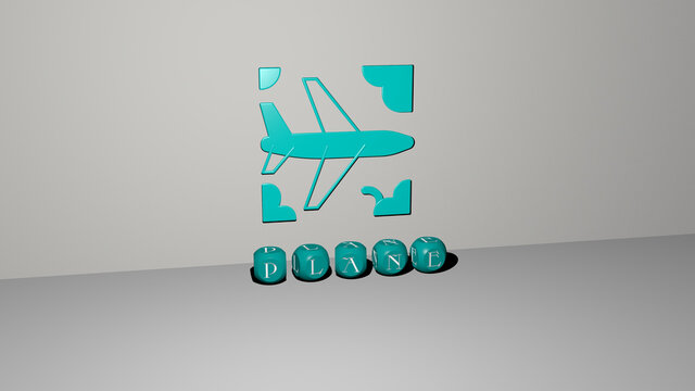 3D representation of PLANE with icon on the wall and text arranged by metallic cubic letters on a mirror floor for concept meaning and slideshow presentation. airplane and aircraft