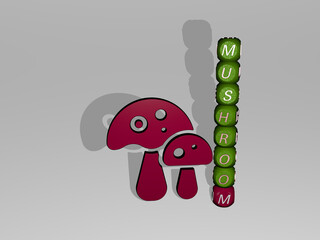 3D representation of MUSHROOM with icon on the wall and text arranged by metallic cubic letters on a mirror floor for concept meaning and slideshow presentation. illustration and background