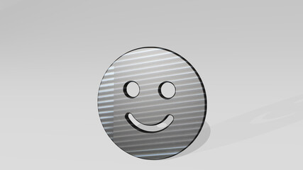smiley smile made by 3D illustration of a shiny metallic sculpture casting shadow on light background. face and icon
