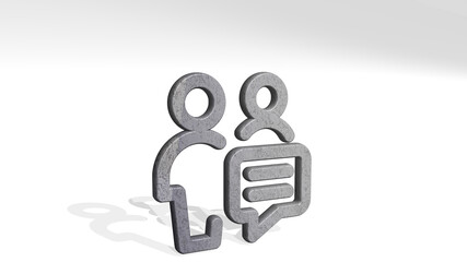 multiple actions chat casting shadow from a perspective. A thick sculpture made of metallic materials of 3D rendering. background and illustration