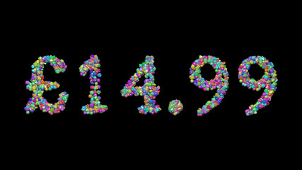 £14. written in 3D illustration by colorful small objects casting shadow on a black background