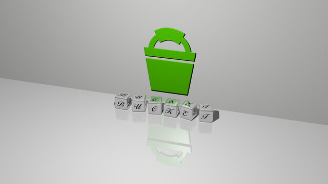 3D graphical image of bucket vertically along with text built by metallic cubic letters from the top perspective, excellent for the concept presentation and slideshows. illustration and background