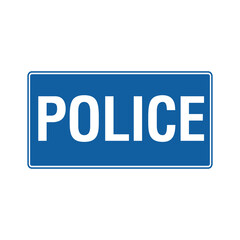Police station road sign. Vector illustration of blue color plate with inscription POLICE. Police department office traffic sign isolated on white background.