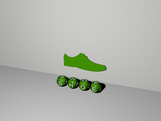 3D representation of shoe with icon on the wall and text arranged by metallic cubic letters on a mirror floor for concept meaning and slideshow presentation. illustration and background