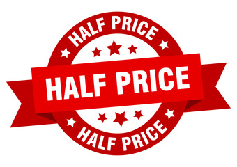 half price round ribbon isolated label. half price sign