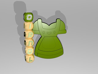 3D representation of DIRNDL with icon on the wall and text arranged by metallic cubic letters on a mirror floor for concept meaning and slideshow presentation. beer and oktoberfest