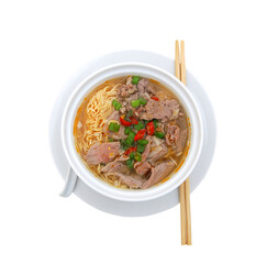 mi goi, prawn noodle soup with meat on white