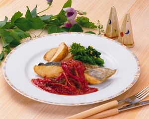 Cooked Salmon Dish nicely served on a table, High Angle View