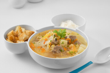 close up view of nice yummy meal  on white back