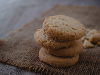 Stacked biscuit sweet cookie on rustic wooden table