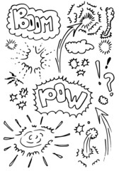 Hand drawn comic doodles isolated on white background.