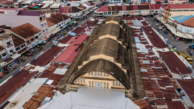 Aerial Drone Picture Over The French Colonial Market Of Kampong Cham, Cambodia 