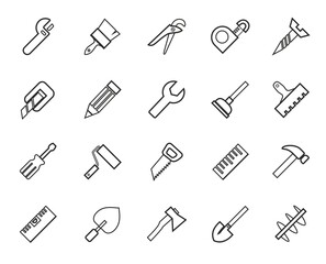 Hand tools, construction, icons, monochrome, outline. Thin linear drawing. Black icons on a white background. Vector.  
