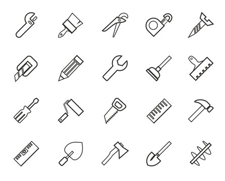 Hand tools, construction, icons, monochrome, outline. Thin linear drawing. Black icons on a white background. Vector.  