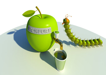 Healthy drink advertisement 3D illustration 1. Funny caterpillar character selling natural apple juice.  White background. Collection.