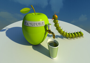 Healthy drink advertisement 3D illustration 2. Funny caterpillar character selling natural apple juice. Sky background, perspective. Collection.