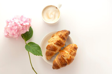 Feminine background of breakfast. Croissant and a cup of coffee with pink hydrangea. Copy space.