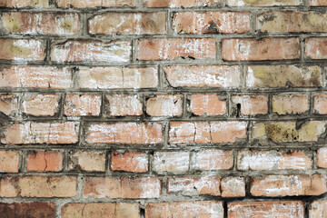 Abstract background old white brick wall with cracks and scratches. Landscape style. Great background or texture.