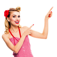 Amazed happy woman pointing at something. Excited girl in pin up, showing product or copy space for text. Retro fashion and vintage. Isolated over white background. Square.