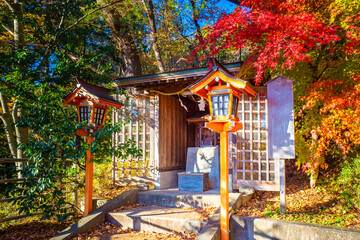 Japan. Kawaguchiko. Autumn in Japan. Japanese buildings in Kawaguchiko Park. Decorations of Kawaguchiko Park. Architecture Of Japan. Japanese motifs. Landscape in autumn Park.