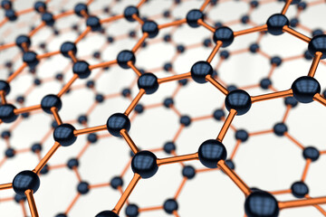 3D rendering of graphene sheets on white surface, dark blue atoms and orange bonds
