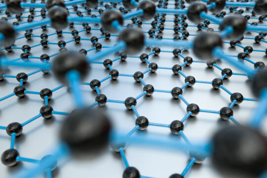 3D rendering of graphene sheets on white metalic surface, black atoms and blue bonds
