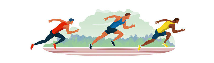 Fototapeta na wymiar Athletes run through the stadium. Race of athletes. Young men are jogging in the fresh air. Vector flat design illustration. Sport competition between running men.