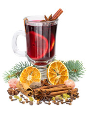 Hot red christmas mulled wine in glass with spices and fruits isolated on white background. Full depth of field with clipping path.
