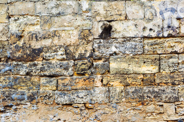Abstract background old white brick wall with cracks and scratches. Landscape style. Great...